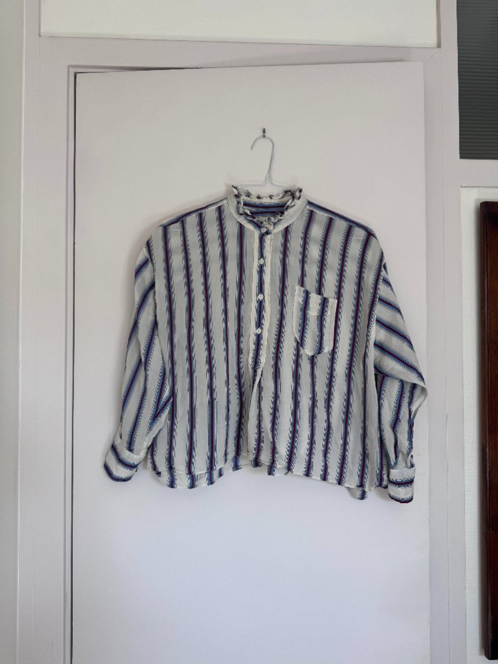 Isabel Marant Etoile Striped Ruffle Collar Blouse White Blue Top FR 34